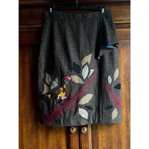 Vtg Anthropologie 6 Floreat Wool Pencil Skirt Bird Embroidered Dark Academia - Picture 4 of 13